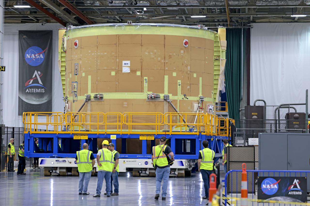 Technicians at NASA’s Michoud Assembly Facility have joined the engine and boat-tail sections of NASA’s Space Launch System rocket for Artemis II in preparation for its next step in production. When complete, the engine section will house the four RS-25 engines and include vital systems for mounting, controlling and delivering fuel from the propellant tanks to the rocket’s engines. The boat-tail is designed to protect the bottom end of the core stage and the RS-25 engines and was joined with the engine section to comprise the lowest portion of the 212-foot-tall core stage. Together with its four RS-25 engines and its twin solid rocket boosters, it will produce 8.8 million pounds of thrust to send NASA’s Orion spacecraft, astronauts, and supplies beyond Earth’s orbit to the Moon and, ultimately, Mars. Offering more payload mass, volume capability, and energy to speed missions through space, the SLS rocket, along with NASA’s Gateway in lunar orbit, the Human Landing System, and Orion spacecraft, is part of NASA’s backbone for deep space exploration and the Artemis lunar program. No other rocket is capable of carrying astronauts in Orion around the Moon in a single mission.